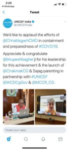 रायपुर : यूनिसेफ द्वारा प्रदेश में कोविड-19 की रोकथाम के उपायों और मुख्यमंत्री सुपोषण अभियान की सराहना